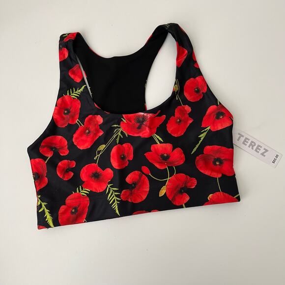 Terez Hi-Shine Wireless Sports Bra 2550 in Red Poppies Floral on Black racerback - Picture 1 of 4